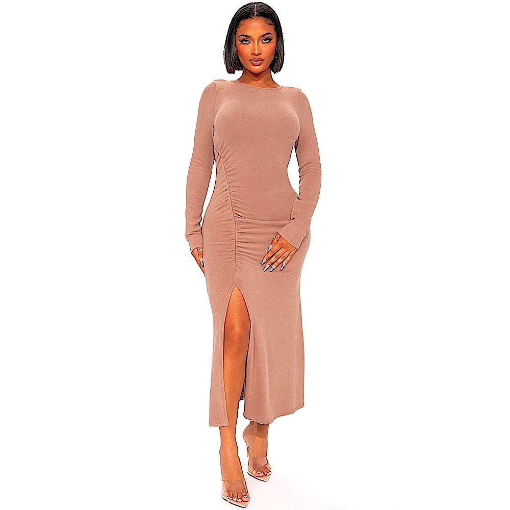 FASHION NOVA Kary Hacci Ruched Stretch Midi Dress-Size XS-Taupe